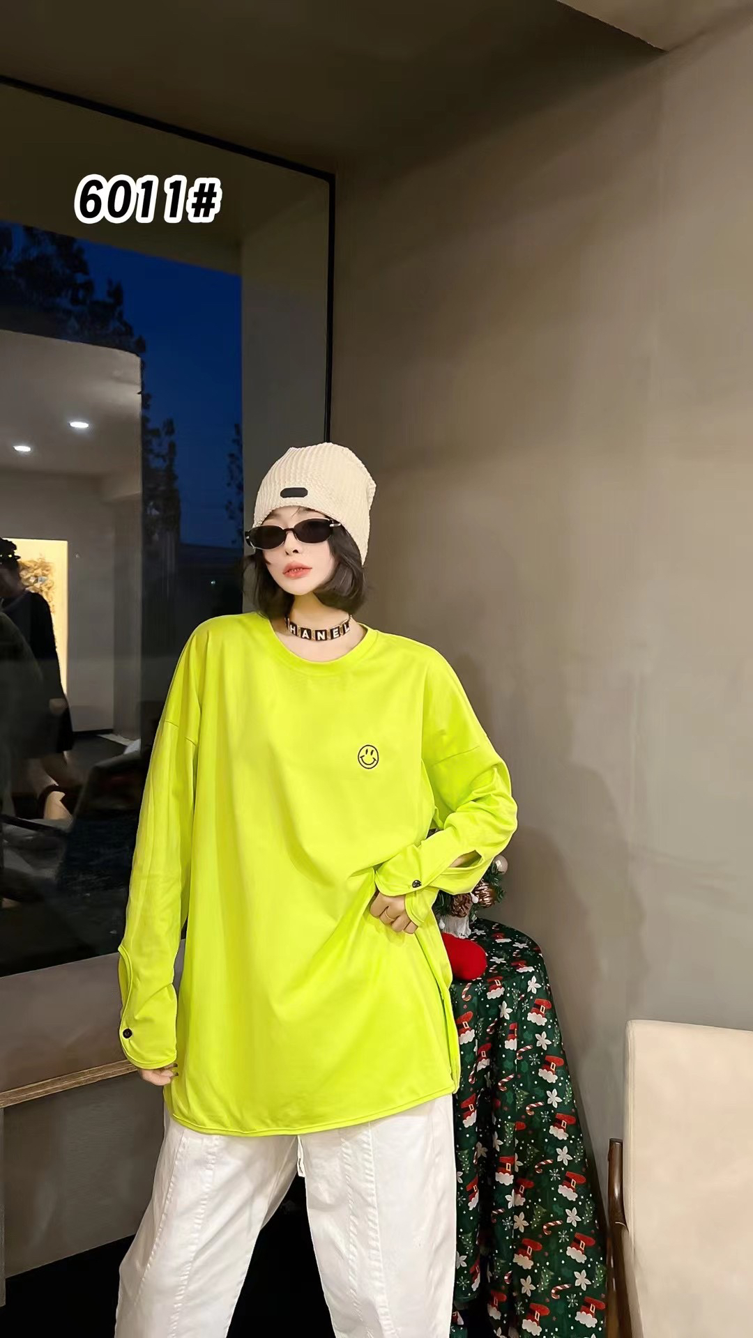 6011欧洲站大码女装2025年款笑脸刺绣拼接衬衫袖设计感T恤中长款