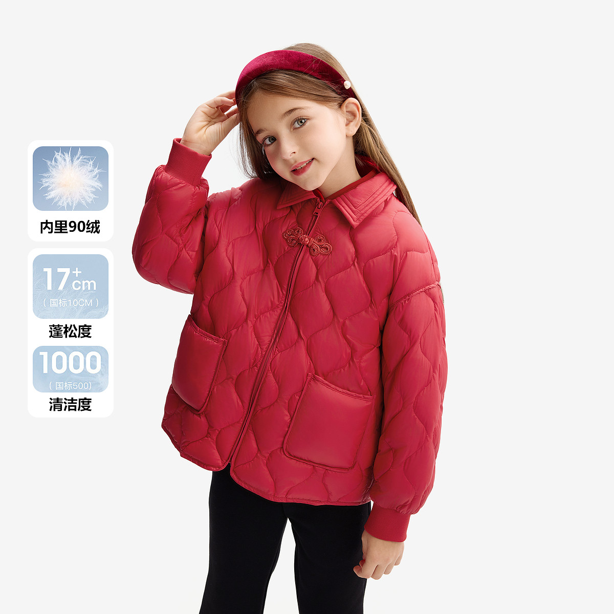 【三防】MQD童装儿童羽绒服冬季短款90鸭绒女童红色外套6444213090