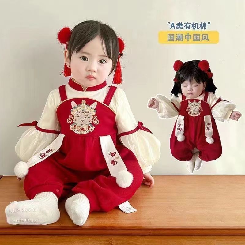 婴儿衣服秋冬季公主女孩满月百天一周岁礼服过年宝宝拜年连体冬装