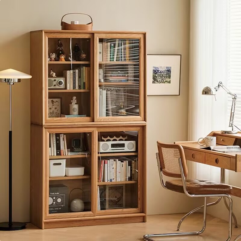 日式实木组合书柜储物柜樱桃木餐边柜北欧酒柜推拉门展示酒柜书房