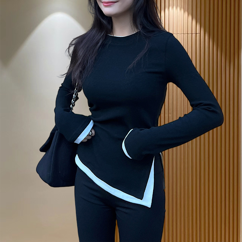 假两件上衣女2025春秋新款时尚休闲纯色百搭开叉显瘦修身气质上衣