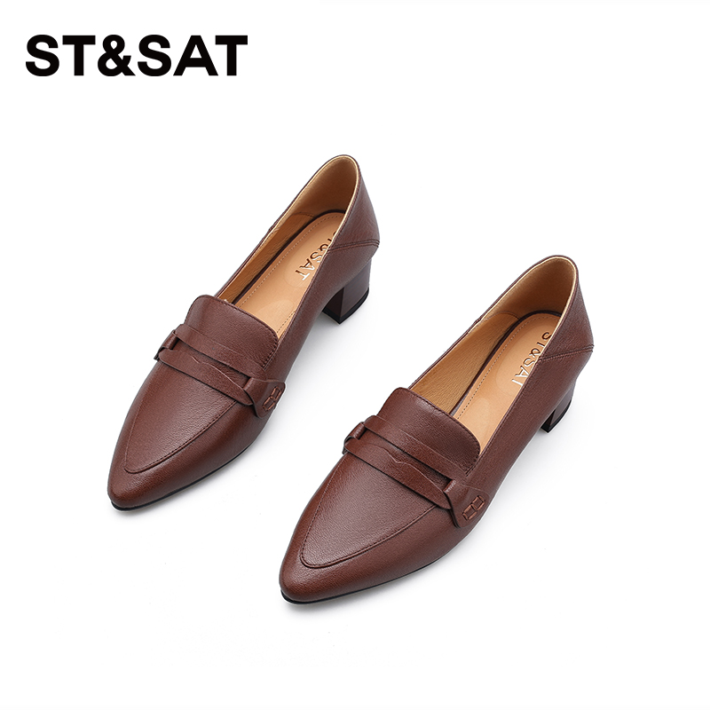 ST&SAT星期六 女鞋子2025新款浅口真皮单鞋复古简约时装鞋跟鞋女