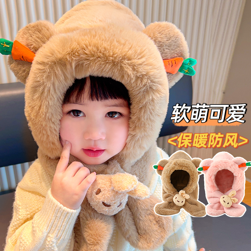 宝宝帽子秋冬季儿童围巾一体婴儿护脖帽可爱男女童一岁保暖护耳帽
