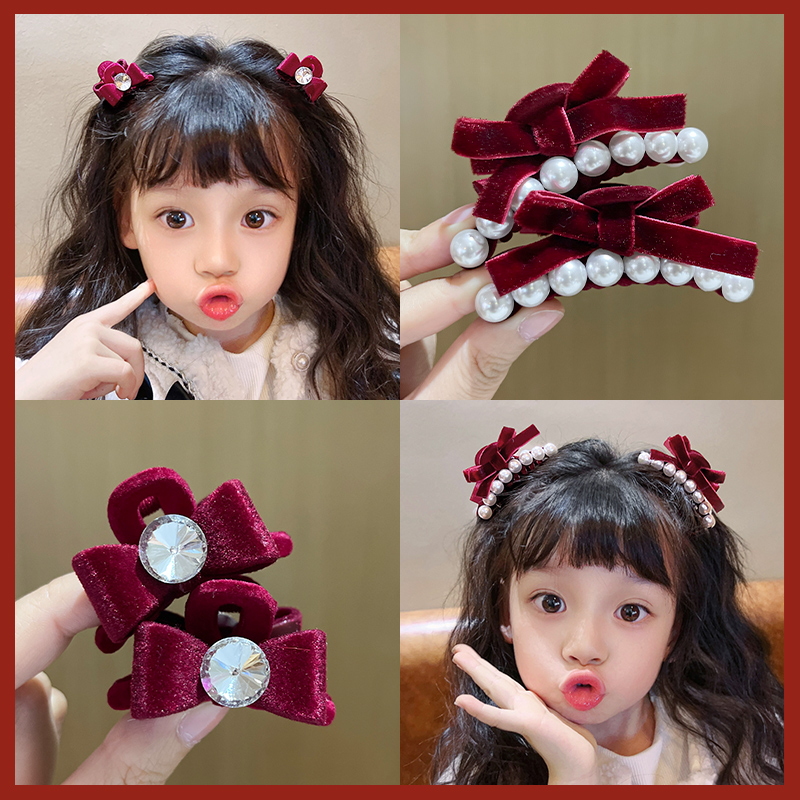 儿童可爱丝绒蝴蝶结小抓夹套装小女孩发夹可爱侧边发卡发饰