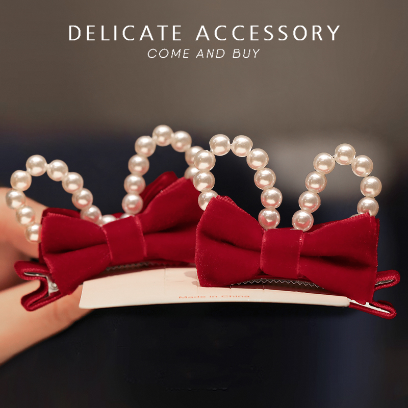 蝴蝶结发夹女童红色立体兔耳朵发卡头饰宝宝新年过年发饰儿童对夹