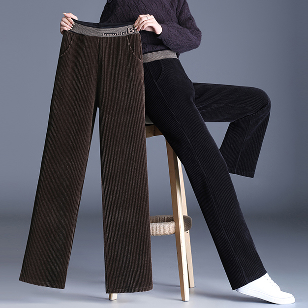 秋冬季窄版阔腿裤女雪尼尔宽松直筒大码九分加绒加厚中年妈妈裤子