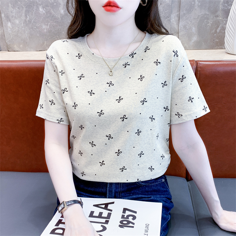 时尚蝴蝶结印花短袖t恤女夏季新款宽松休闲百搭显瘦圆领体恤上衣