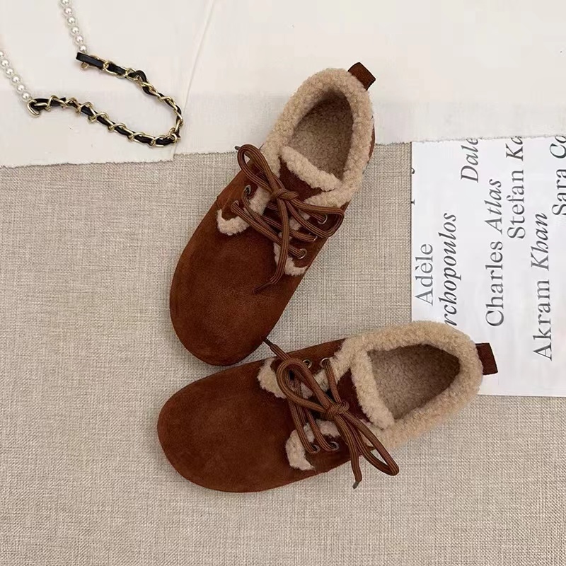 系带百搭韩版厚底豆豆鞋加绒休闲乐福鞋加厚平底复古纯色秋冬