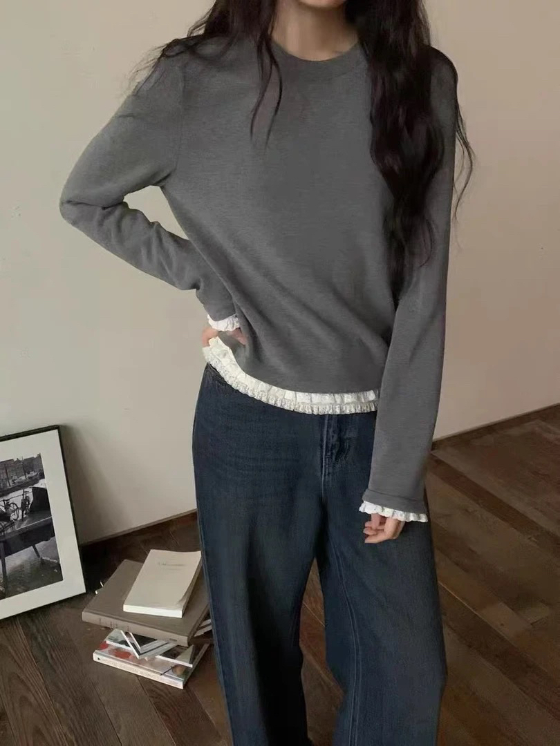 拼接千金风常规T恤假两件秋冬纯色时尚灰色中长款休闲显瘦