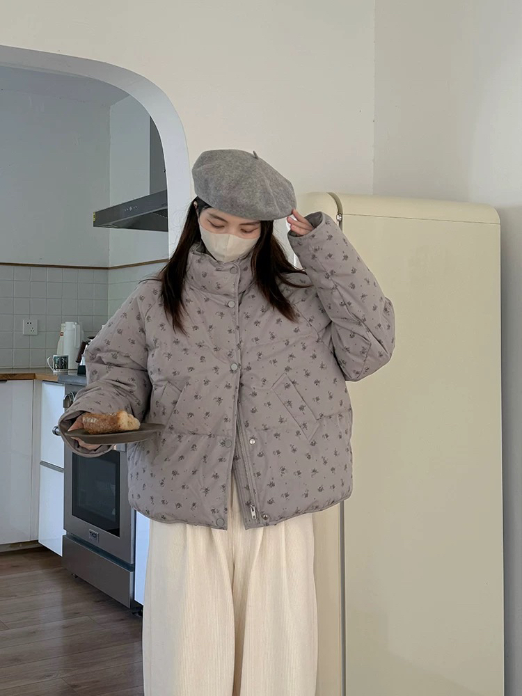 冬日少女感保暖碎花外套韩版宽松立领插肩袖上衣