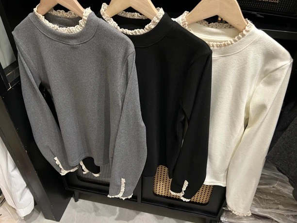 甜妹纯欲风长袖T恤女蕾丝边半高领打底衫德绒加厚加绒内搭上衣