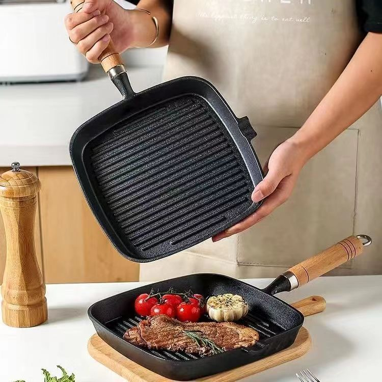 铸铁加厚牛排煎锅条纹牛排锅无涂层不粘家用煎牛扒专用锅平底煎锅
