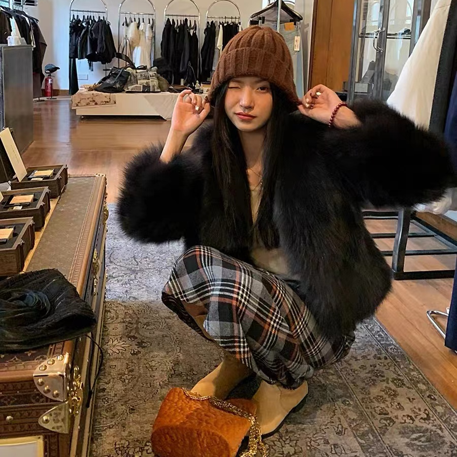 狐狸加厚外套上衣网红时尚宽松秋冬冬季女装保暖棋盘格休闲韩版