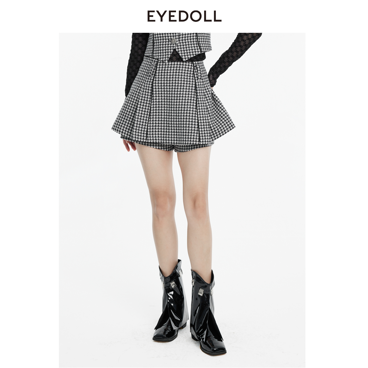 EYEDOLL【商场同款】23冬季新款高腰百搭休闲显瘦千鸟格毛呢短裤