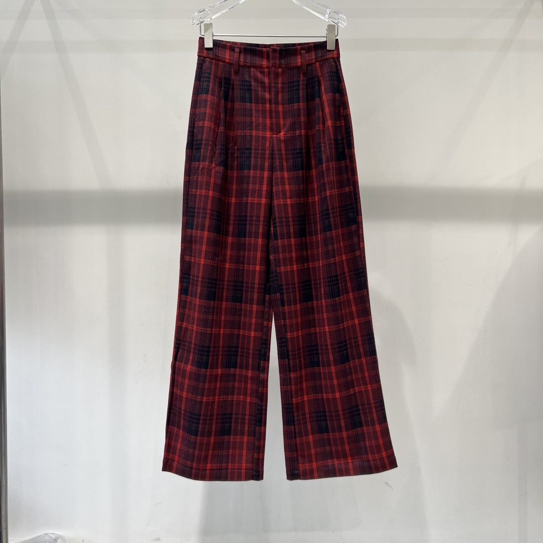 2024秋冬季新款裤子高腰直筒裤阔腿裤红格子纹休闲裤女40933087