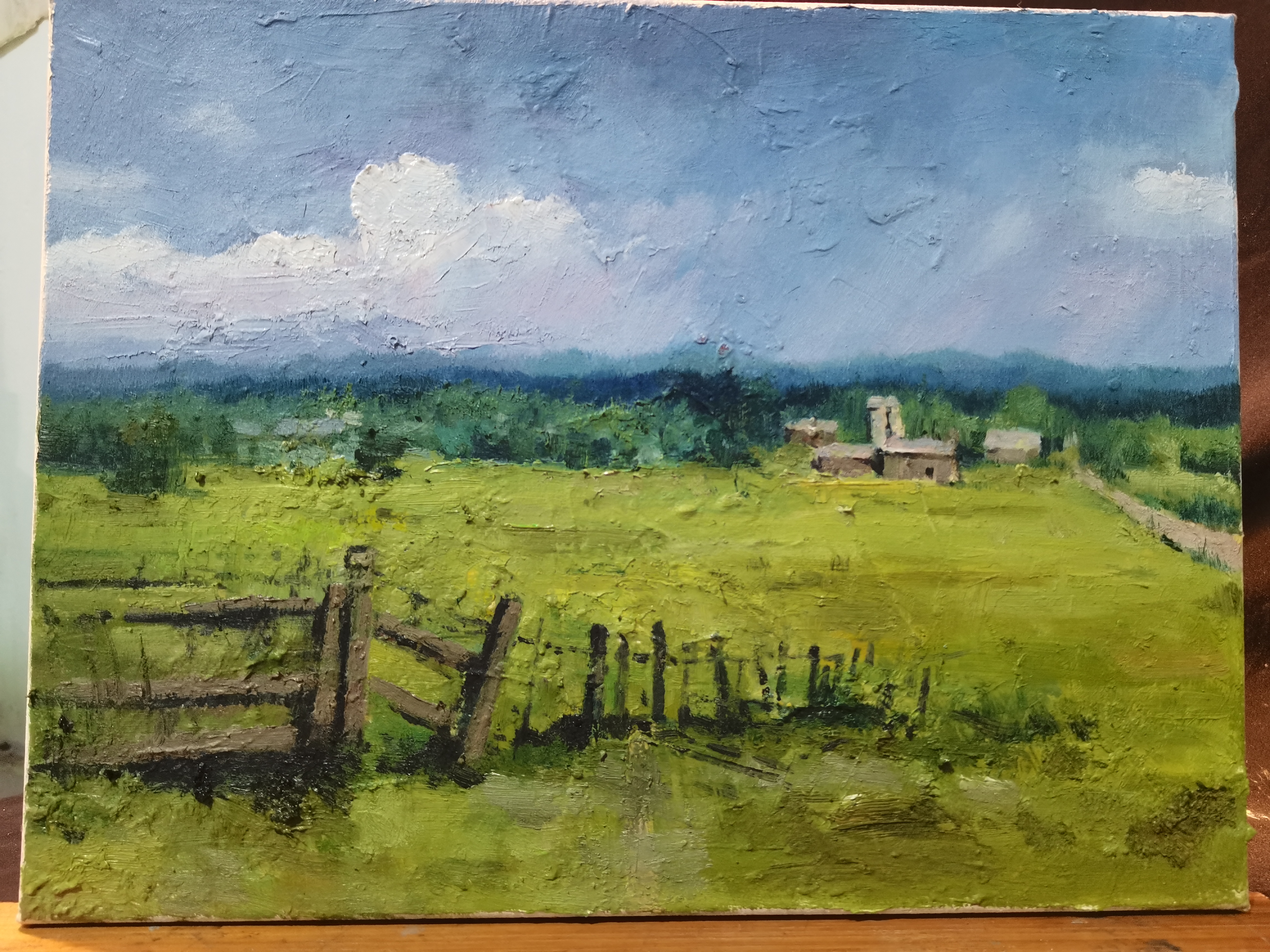 风景布面油画  阳光下的小山村 尺寸30×40cm