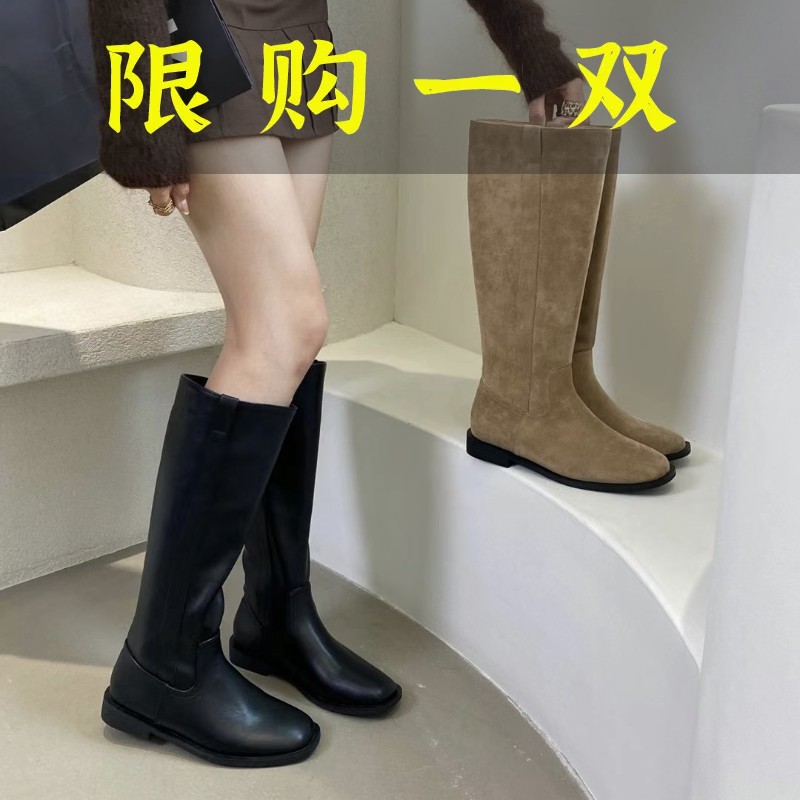 百丽纯爱韩版小方头时装靴时尚西部长靴不过膝百搭秋冬骑士靴瘦