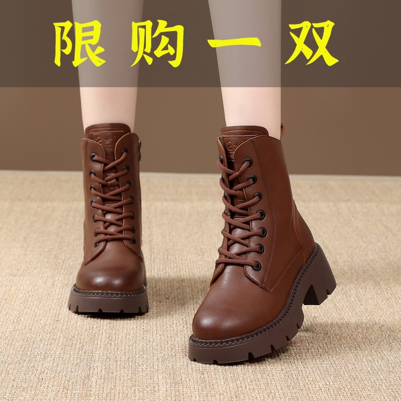 百丽纯爱真皮马丁靴女2023秋冬厚底加绒防滑棉靴百搭粗跟短靴侧
