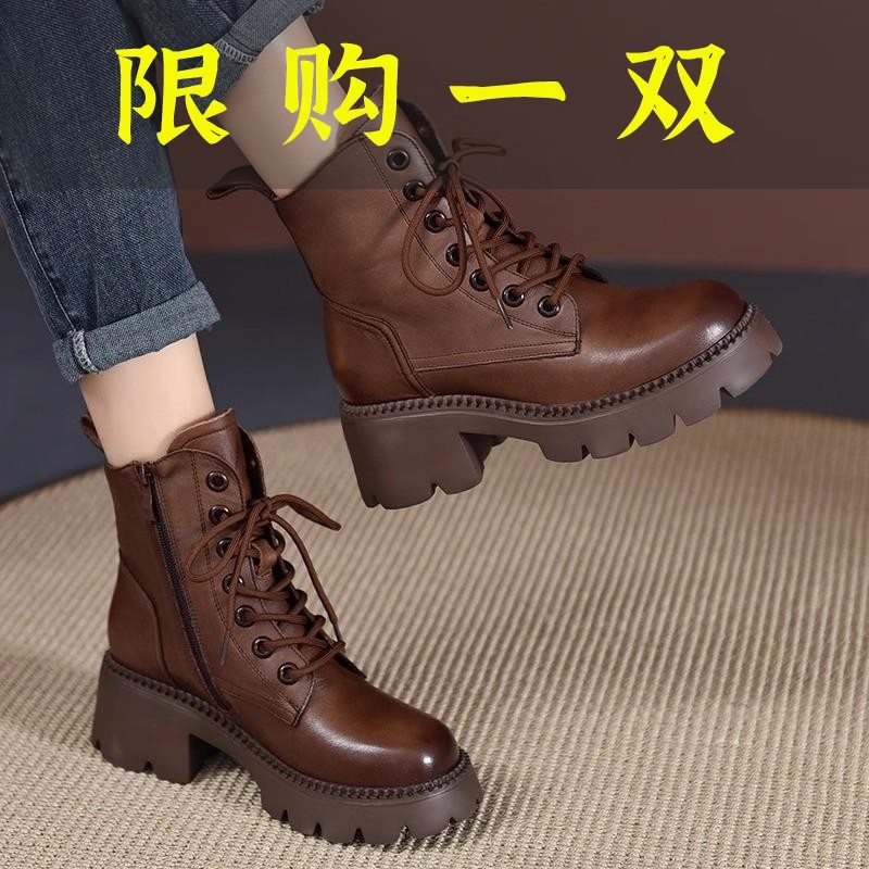 百丽纯爱马丁靴女英伦风2023新款舒适真皮粗跟高跟中筒靴机车靴