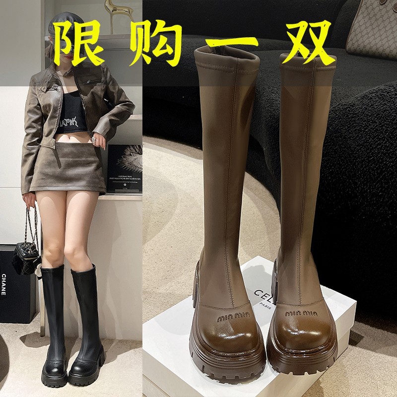 百丽纯爱2023年秋冬季新款时尚复古长靴女不过膝厚底增高小个子