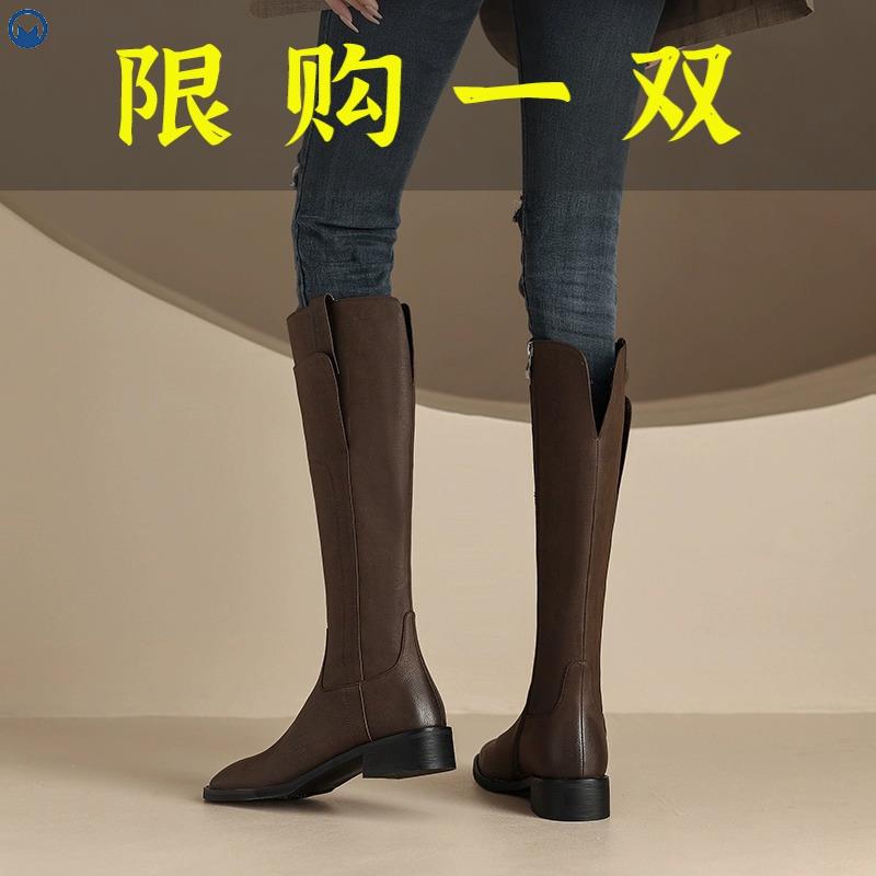 达芙妮沿荐真皮粗跟骑士长靴过膝长筒女鞋2023秋冬季复古方头百搭