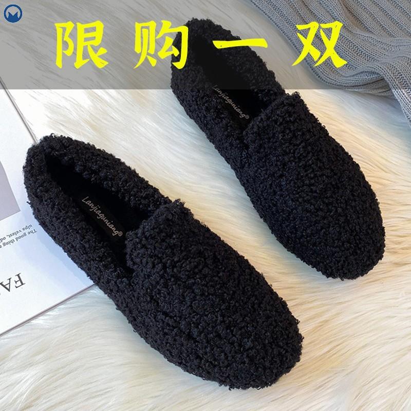 达芙妮沿荐毛毛鞋小码34女外穿2023新款羊羔毛软底加绒豆豆鞋厚底