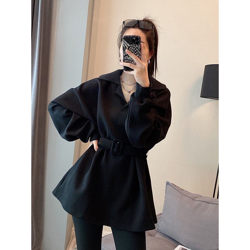 黑色西装领收腰卫衣女春季新款大码胖MM高级感时尚显瘦上衣斤
