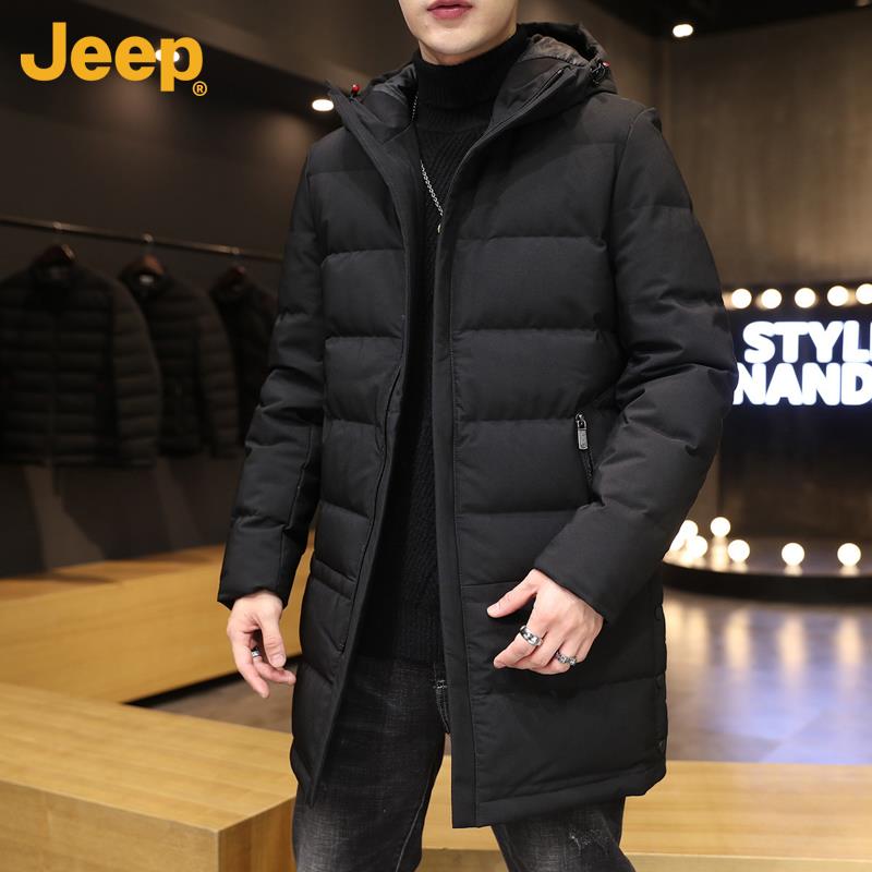Jeep吉普连帽羽绒服男士冬季潮流加厚鸭绒保暖中长款休闲外套男装