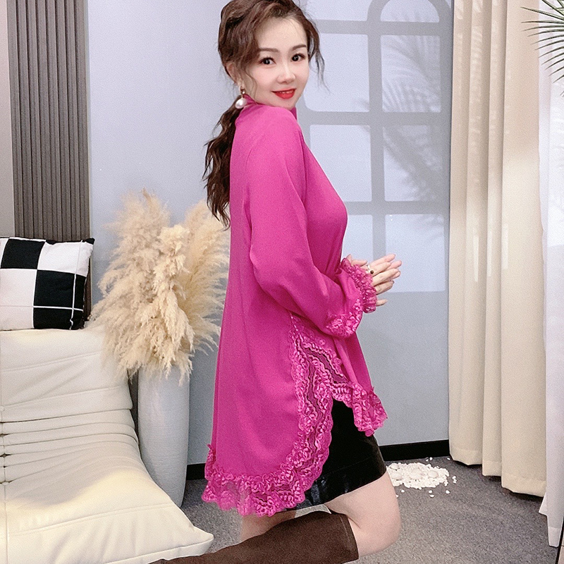 时尚百搭设计款蕾丝拼接打底衫女长袖2024秋冬新款气质半高领T恤