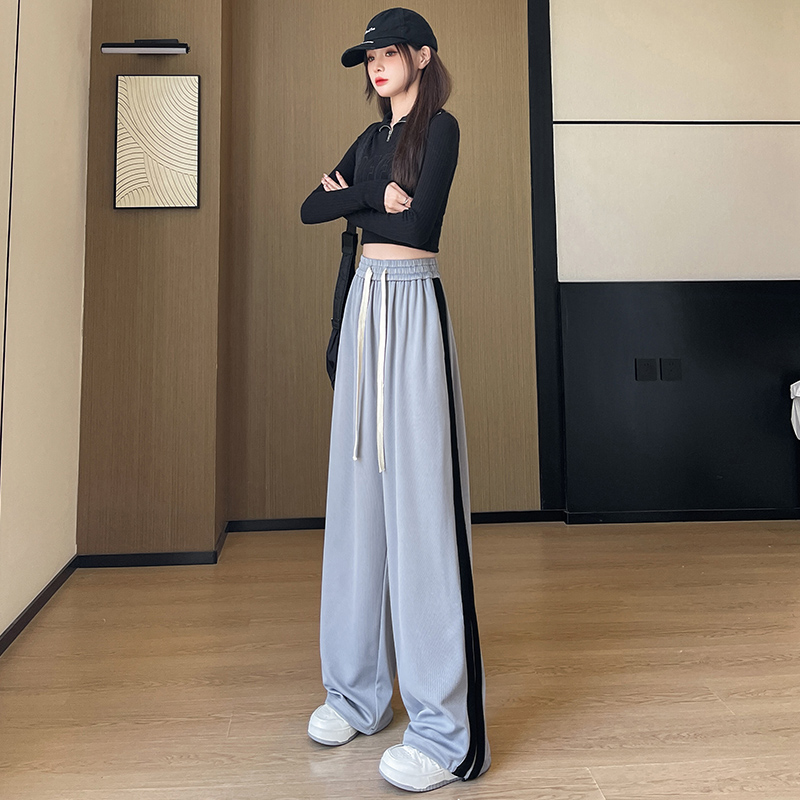 特拉思顿两道杠长裤女新款抽绳直筒运动裤阔腿裤高腰显瘦休闲裤秋