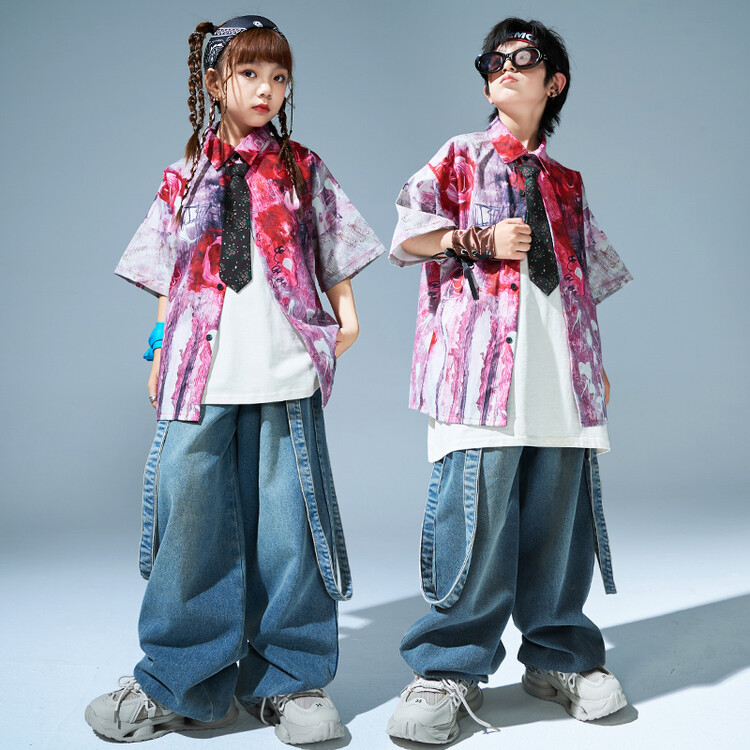 儿童街舞演出服男女童夏季炸街嘻哈爵士舞牛仔裤套装少儿hiphop潮