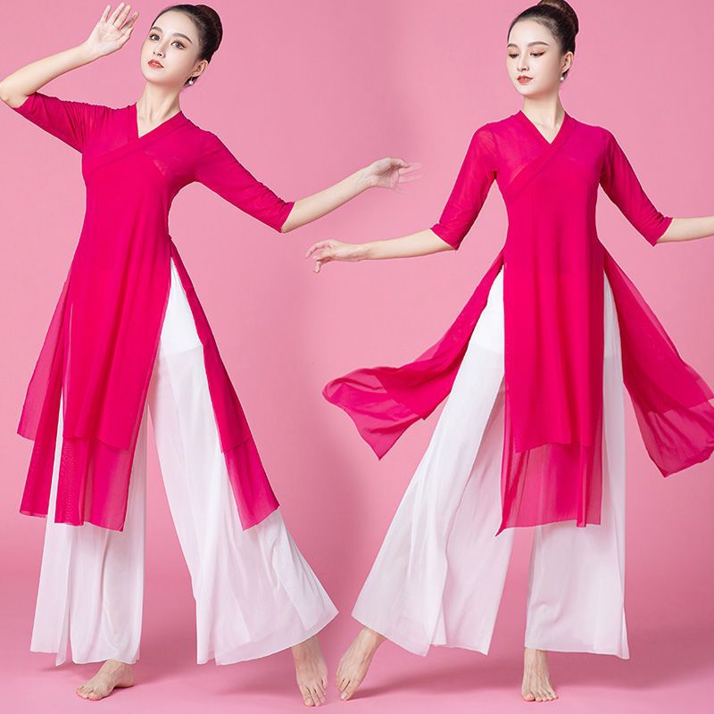 古典舞练功服双层开叉成人女飘逸套装中国风身韵纱衣舞蹈表演服装