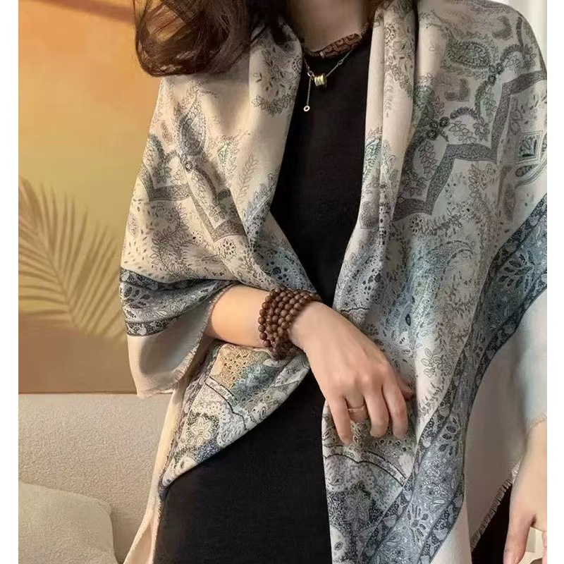 桑蚕丝羊毛【老钱腰果-蓝】130丝毛方巾丝羊绒佩斯利腰果N897