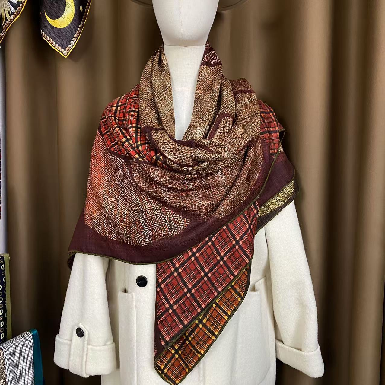 桑蚕丝羊毛【万象山茶花】130丝毛方巾双面时尚女士丝巾N952