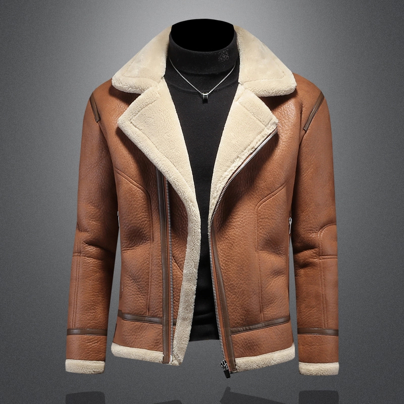 羊羔绒外套男冬季加绒加厚皮毛一体韩版皮衣机车派克服男士夹克