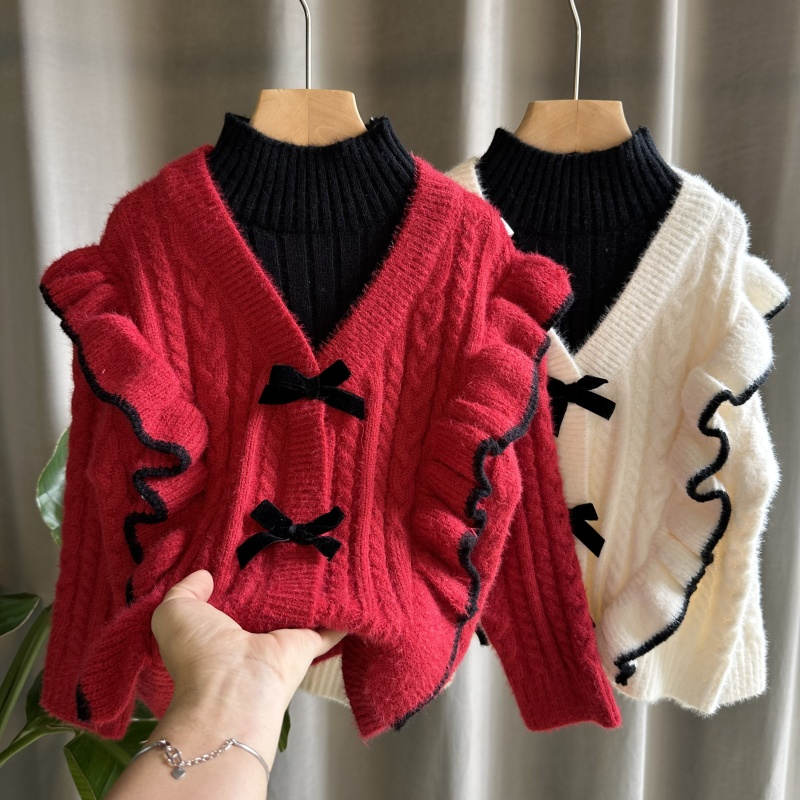 女童针织衫儿童上衣童装套头毛衣洋气小女孩假两件套打底衫毛线49