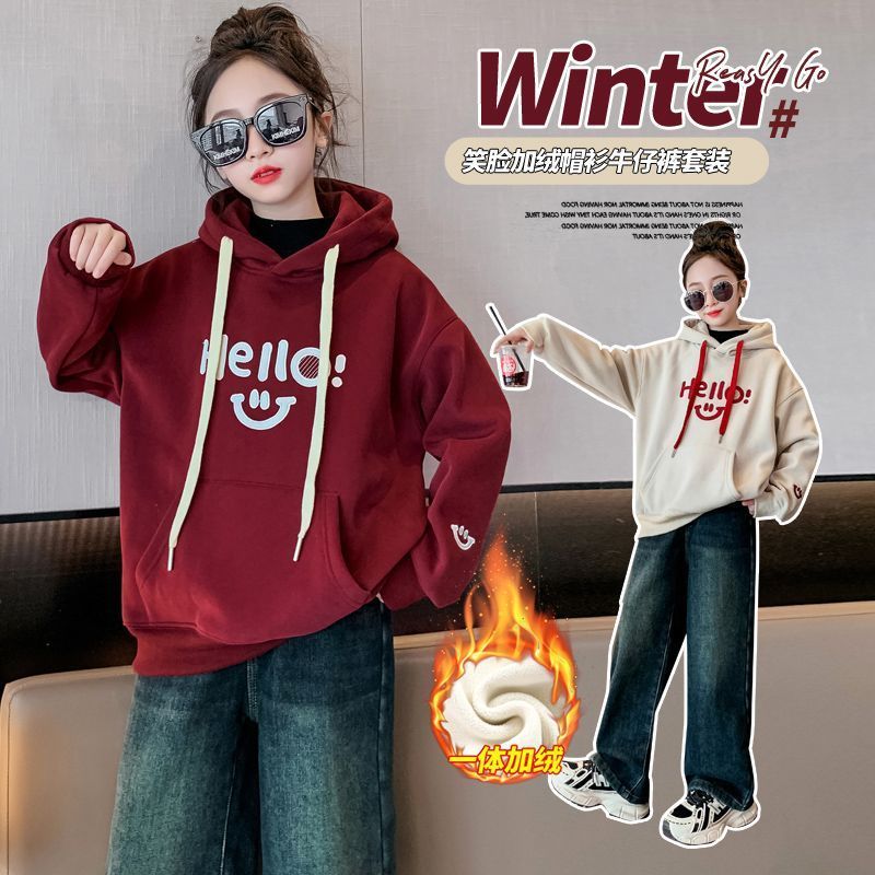 女童加绒加厚卫衣2023秋冬新款中大童小女孩韩版时尚百搭帽衫上30