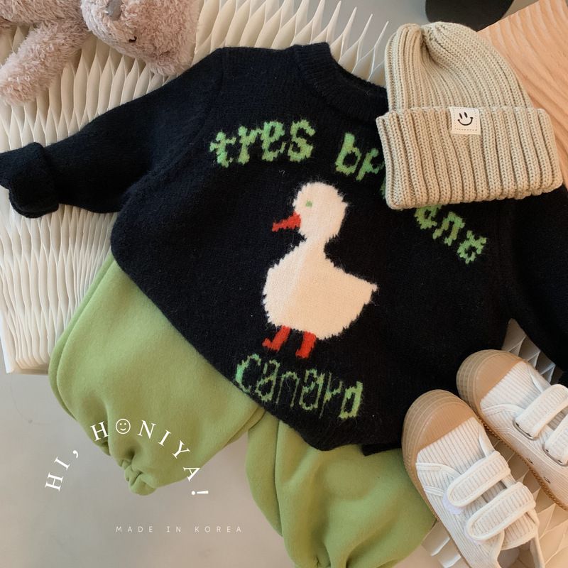 韩国童装男女童针织衫2023秋冬季新品字母小鸭子儿童套头时尚毛50