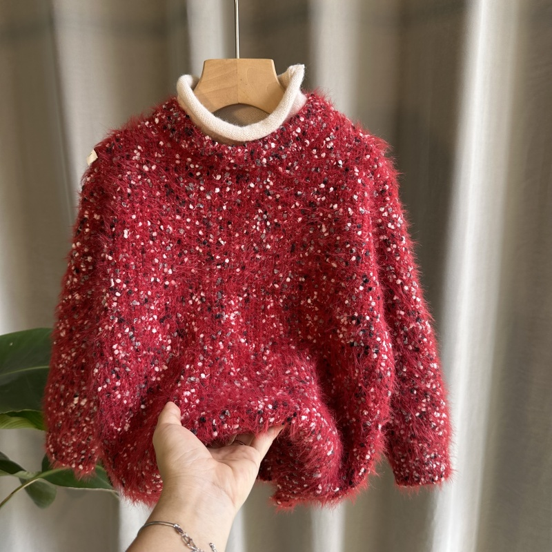 女童假两件套毛衣冬装2023喜庆红色儿童加厚套头年货针织衫潮童49