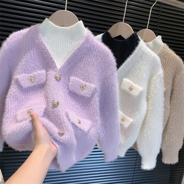 童装女童冬装加厚保暖水貂绒毛线衣韩版儿童假两件套头针织衫毛49