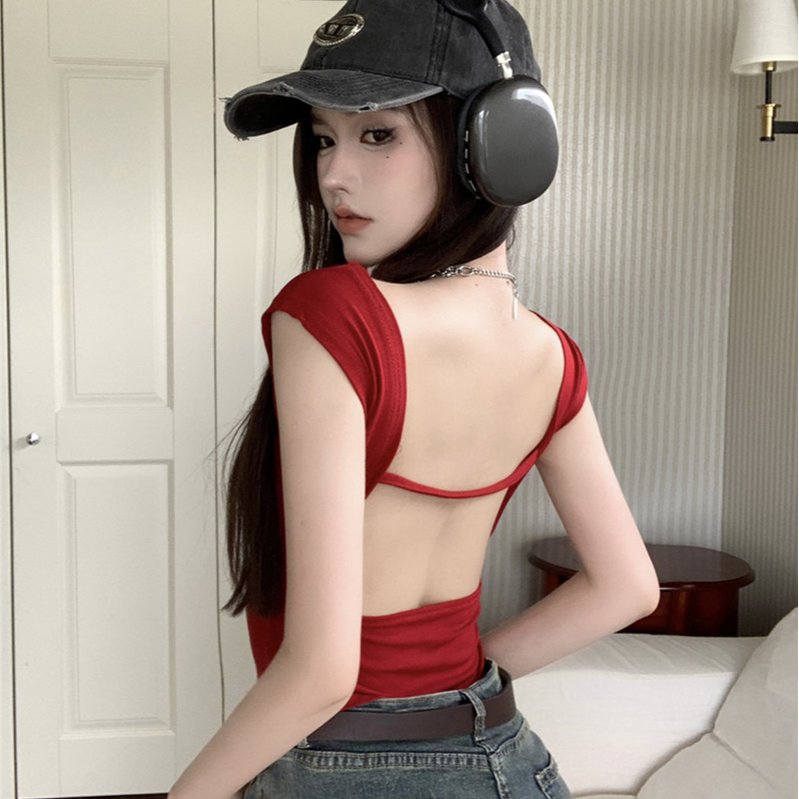纯欲辣妹性感露背短款上衣女设计感小众夏季修身显瘦美式无袖美背