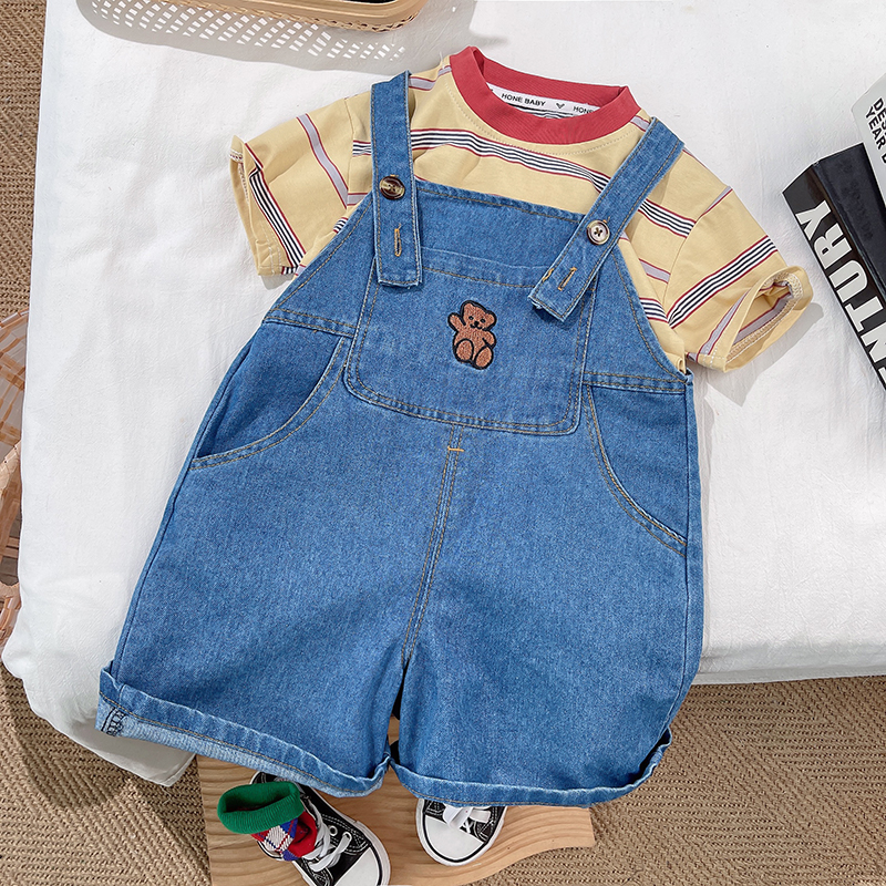 韩系潮酷男童牛仔背带裤短袖套装小童夏款背带裤短袖套装男宝条纹