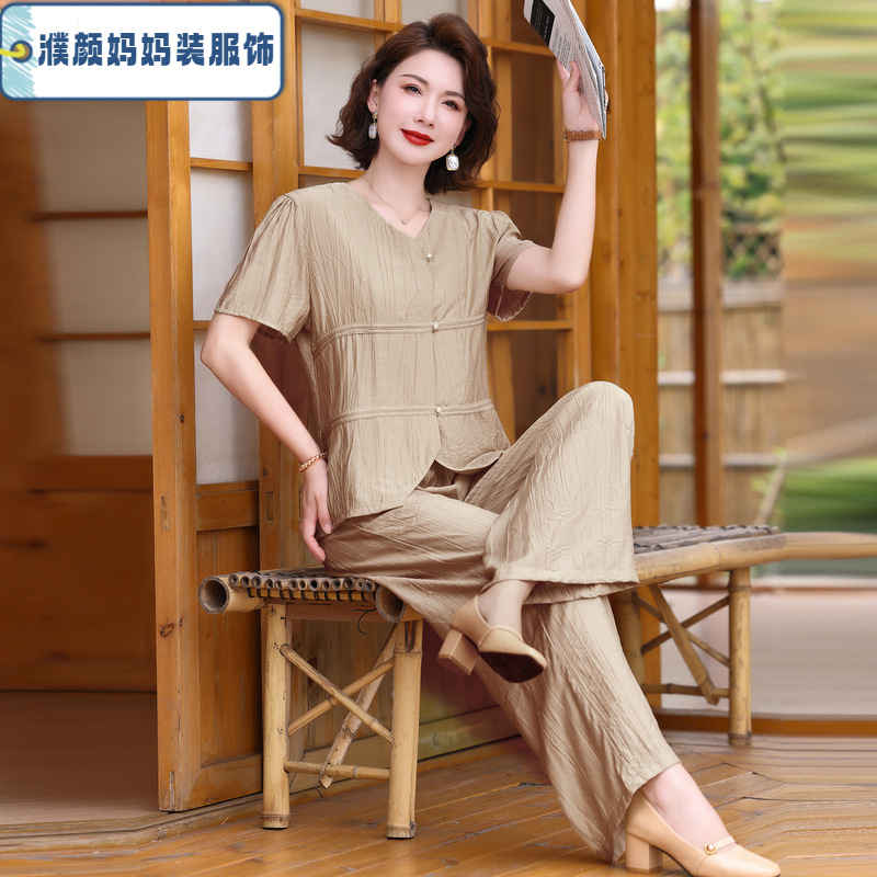 中年妈妈夏装国风套装2024新款洋气中老年女装时尚减龄宽松上衣服