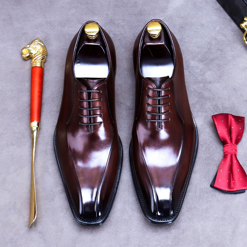 英伦真皮商务正装工作鞋男款咖啡色大码牛津鞋小方头西装新郎婚鞋