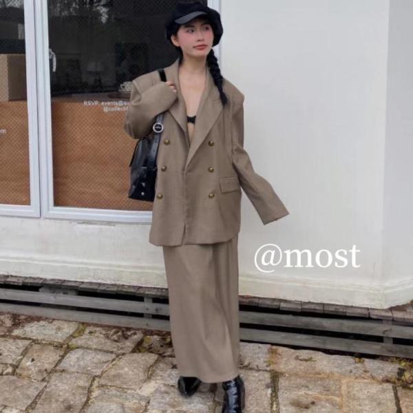 98605（mosu.新款）高级感西装外套+半松紧腰半裙学院风气质炸街两
