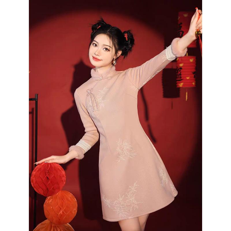 苏州正品原版旗袍秋冬新款2023年加厚小个子年轻款少女日常连衣裙
