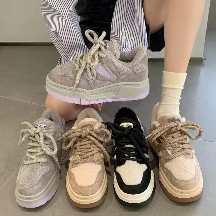 厚底女新款潮流冬季时尚百搭加绒保暖炸街显脚小休闲运动板鞋透气