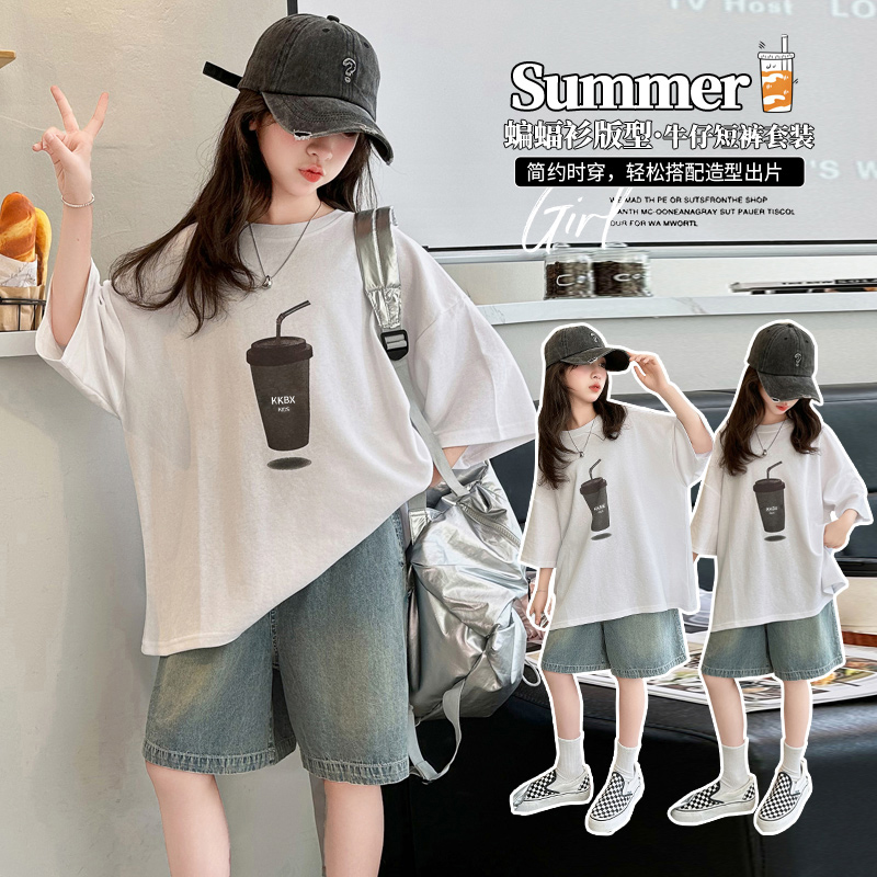 女童水瓶牛仔两件套儿童女童时尚休闲夏季简约宽松印花儿童女童