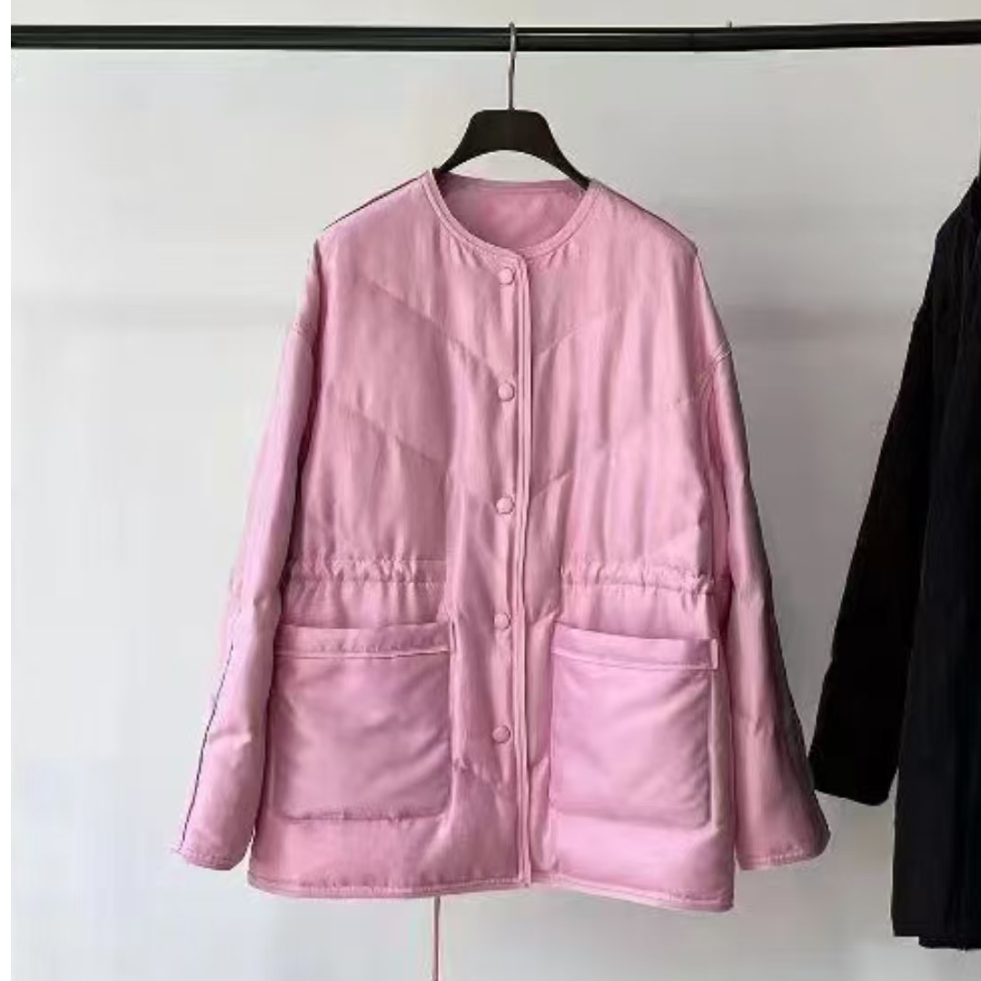 2024新款欧洲站时尚毛边做旧女圆领抽绳轻薄桑蚕丝