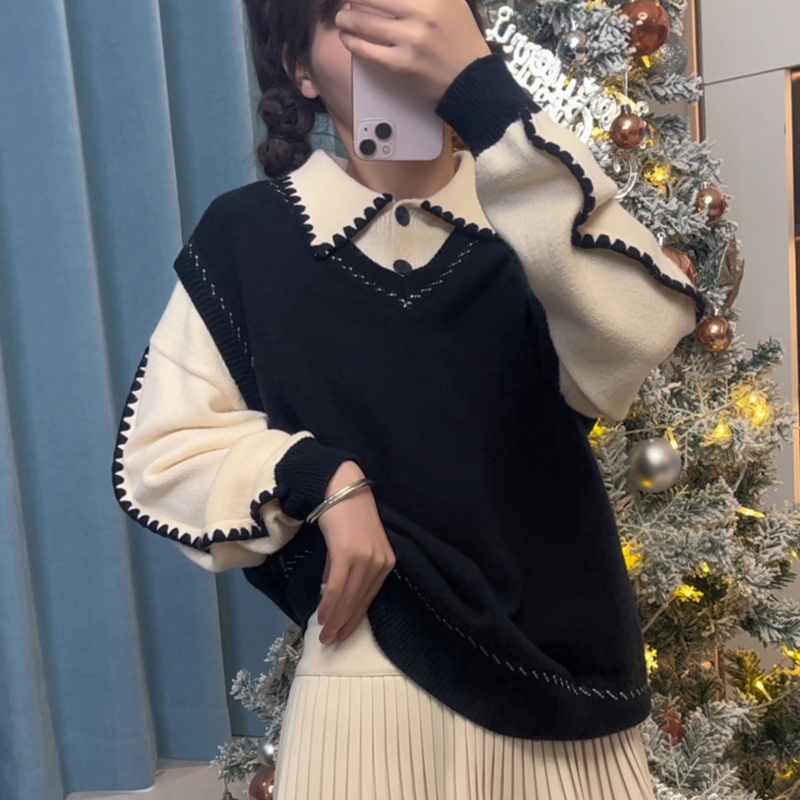 假两件毛衣女春秋冬2025年新款纯色打底学院风拼接加厚针织衫